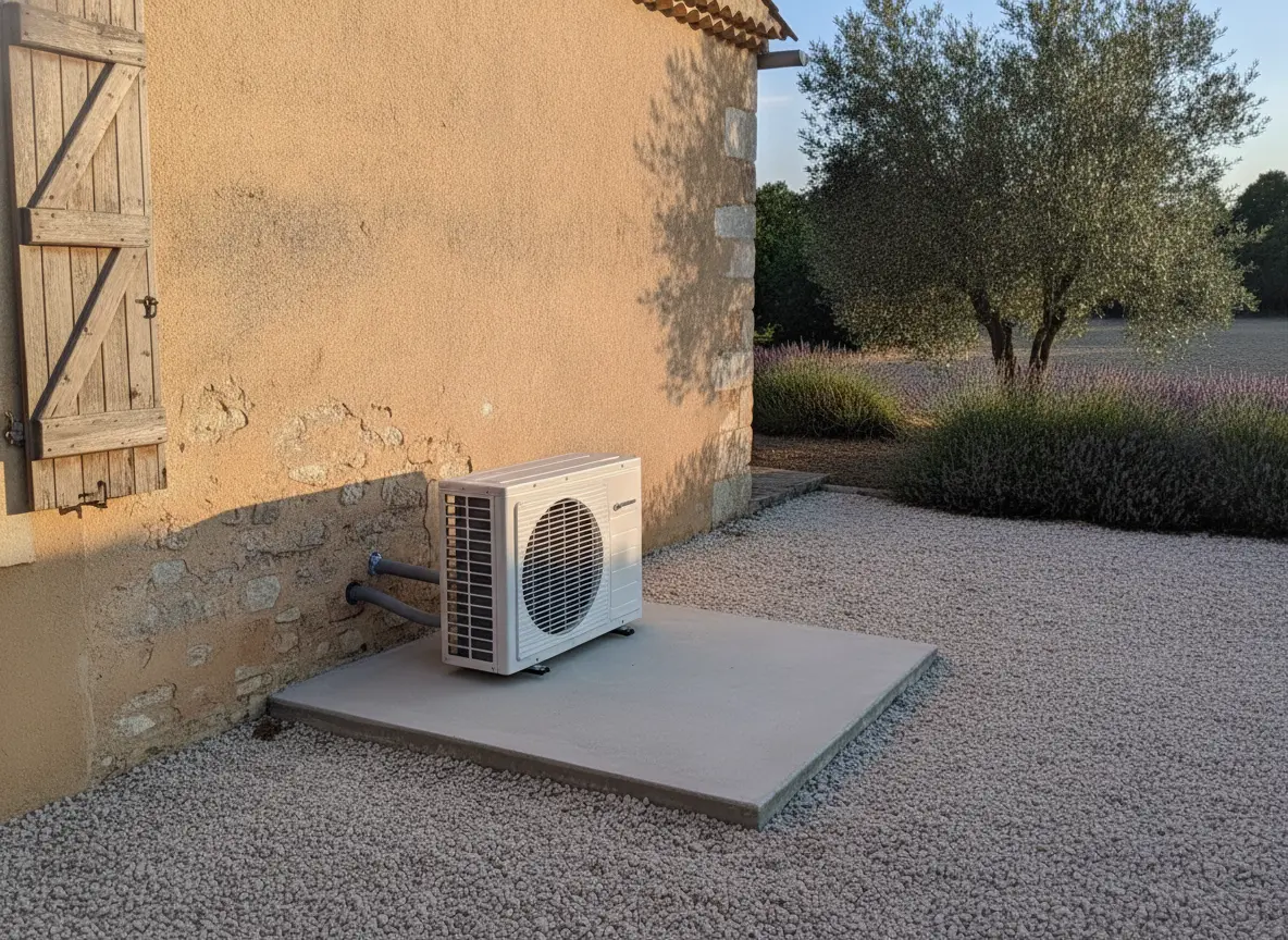 PAC air-eau installée contre la façade d'un mas de la plaine de la Crau près de Salon-de-Provence